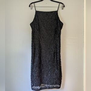 90s Style MARINA Black Beaded Square Neck LBD Mini Dress Spaghetti Strap 14